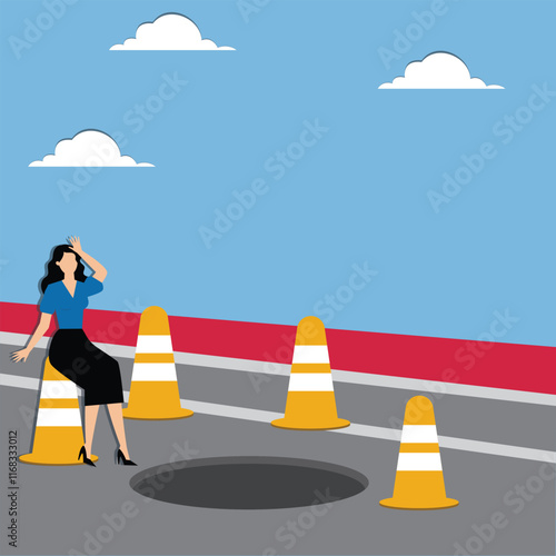 Cautiousness, risk, dangerous uncertainty, analysis and doubt about the unknown, doubtful businesswomen standing in front of traffic cones and potholes