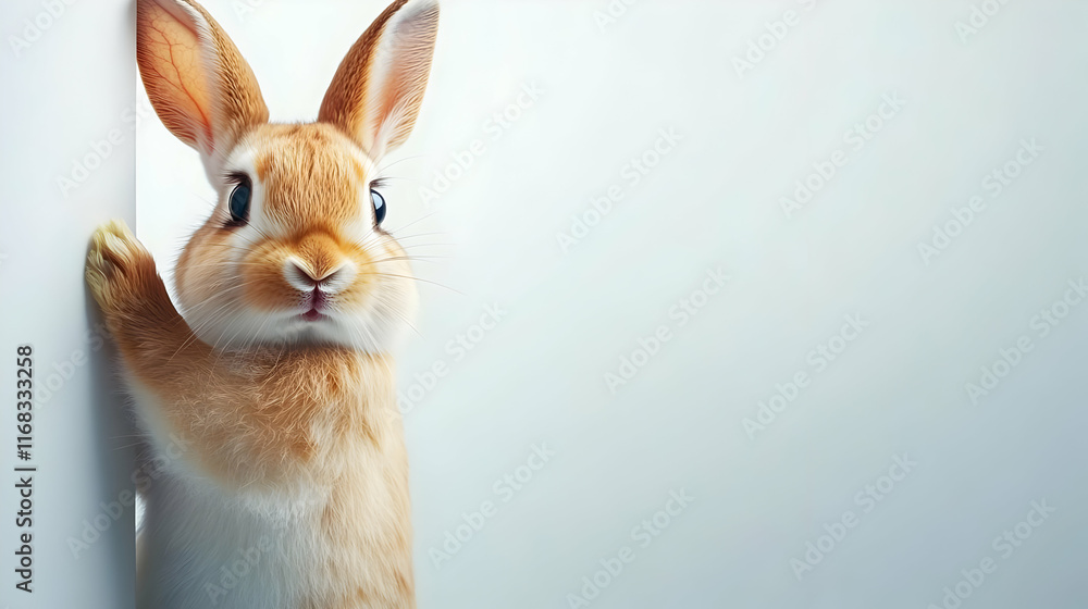Obraz premium A cute rabbit curiously peeking around a corner, showcasing its soft fur and expressive eyes in a playful moment.