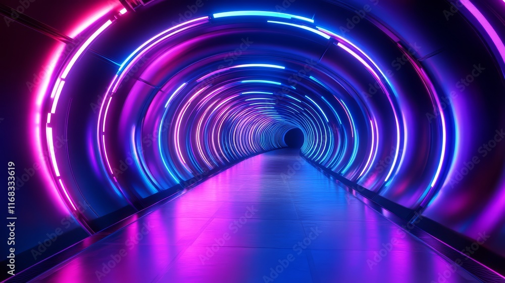 Fototapeta premium A vibrant, illuminated tunnel featuring circular neon lights in blue and pink hues, creating a futuristic ambiance.
