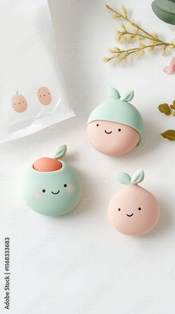 Cute fruit-shaped erasers with smiling faces and pastel colors Cute fruit-shaped erasers with smiling faces and pastel colors