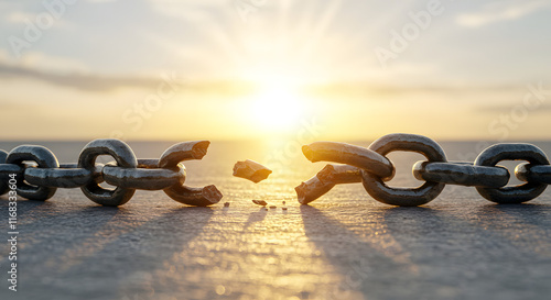 Liberating symbolism of freedom through Christ: broken chains on stone illuminated by radiant sunlight