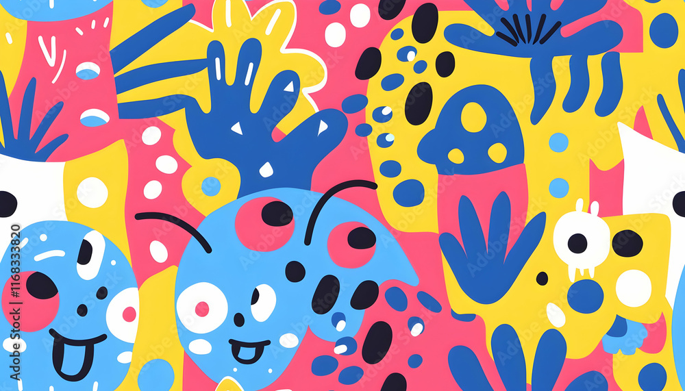 Joyful Abstract Illustration: Colorful Shapes and Playful Characters Joyful Abstract Illustration: Colorful Shapes and Playful Characters