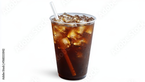 Iced coffee in a plastic cup with ice and straw. photo