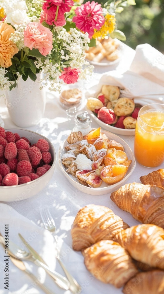 Fresh breakfast spread with croissants, fruits, and vibrant flowers