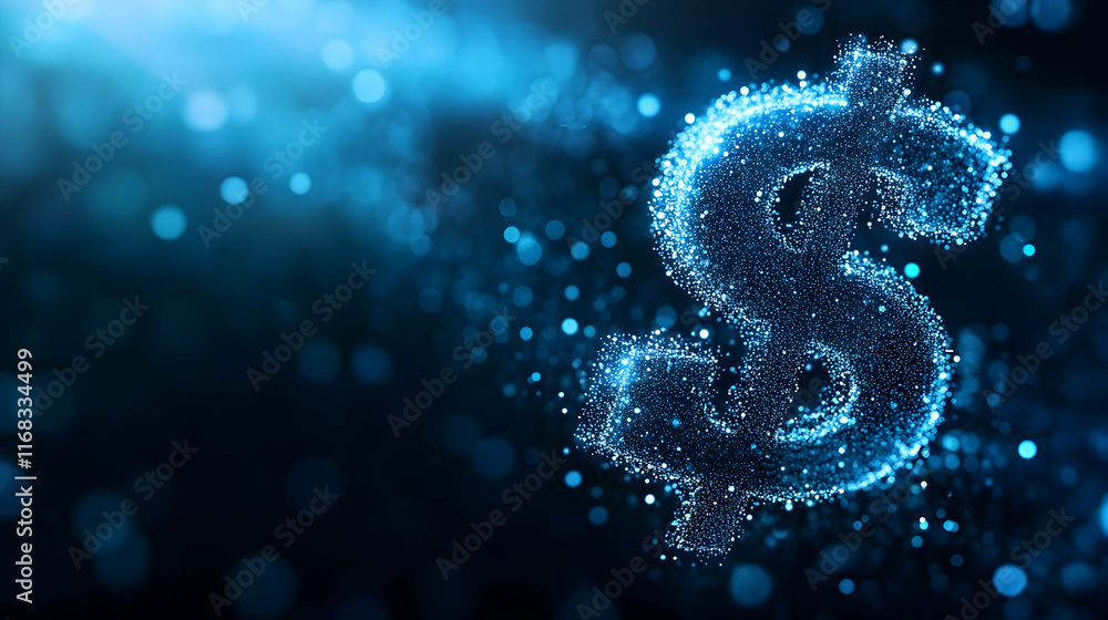A glowing dollar sign created with sparkling blue particles against a dark background, symbolizing wealth and prosperity. A glowing dollar sign created with sparkling blue particles against a dark background, symbolizing wealth and prosperity.