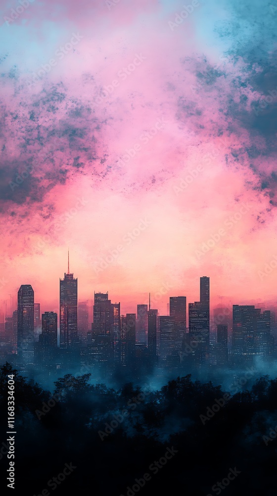 Fototapeta premium panoramic city skyline with vibrant gradients and abstract digital overlays 