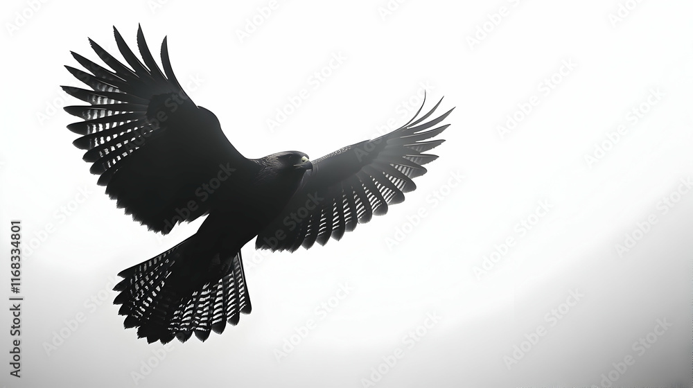Obraz premium A majestic bird soaring through the sky, showcasing its powerful wings against a light background.