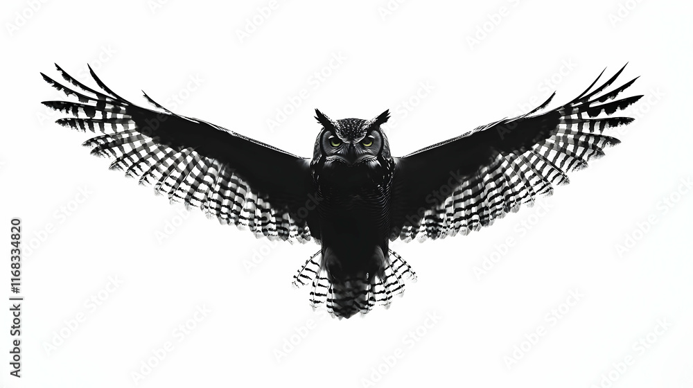 Obraz premium A majestic black and white owl in flight, showcasing its impressive wingspan against a neutral background.