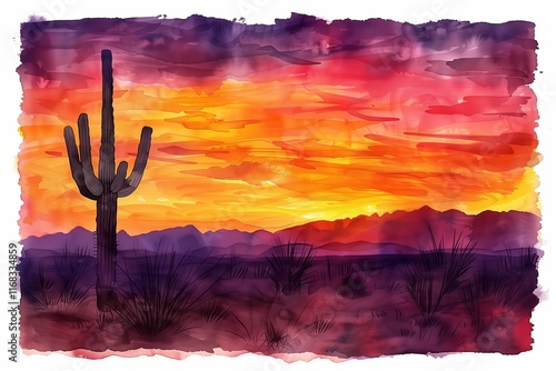 A vibrant watercolor painting of a desert sunset with a tall cactus silhouetted against colorful skies. photo