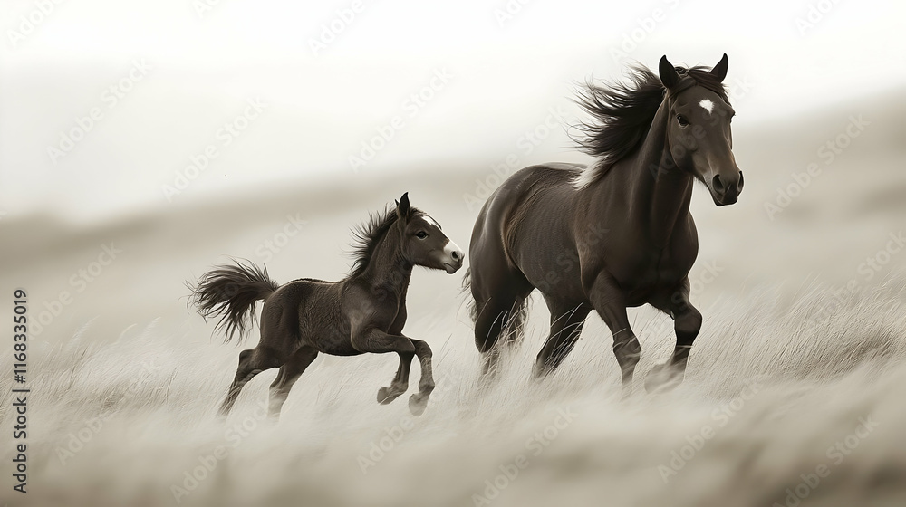 Obraz premium A majestic mare and her lively foal galloping through a windswept meadow, embodying freedom and vitality.