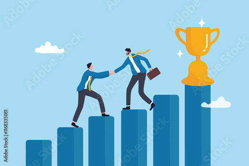 Manager support mentor or guidance help to reach success, consultant, assistance expert to help achieve business goal concept, businessman manager help employee to climb up to reach success trophy.