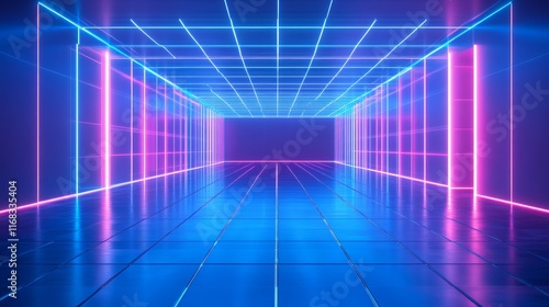 Wallpaper Mural A vibrant, futuristic room illuminated by neon lights, featuring a grid pattern on the floor and walls, creating an immersive, digital atmosphere. Torontodigital.ca