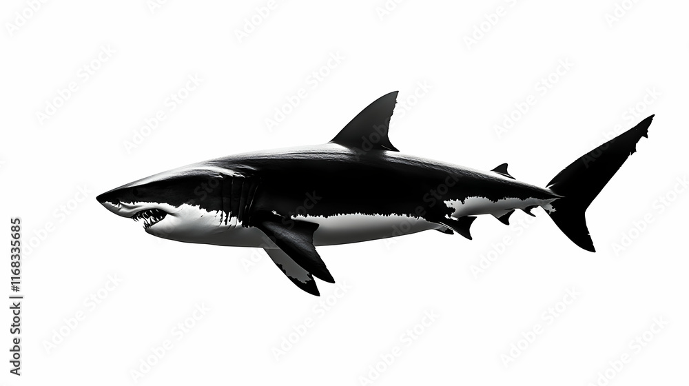 Fototapeta premium A powerful black and white shark swimming gracefully through the water, showcasing its majestic form and strength.