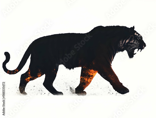 A powerful black tiger striding confidently against a stark white background, showcasing strength and elegance. photo