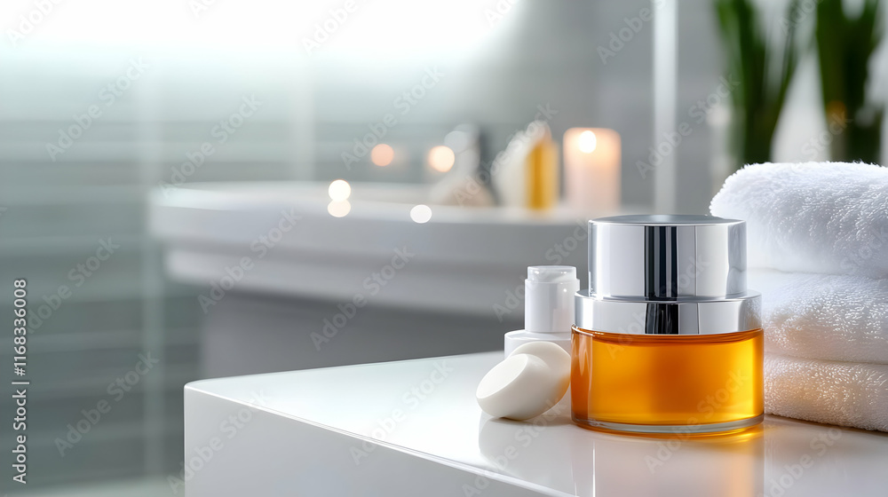 A serene bathroom setting featuring a luxurious skincare product next to soft towels, creating a spa-like feel. A serene bathroom setting featuring a luxurious skincare product next to soft towels, creating a spa-like feel.