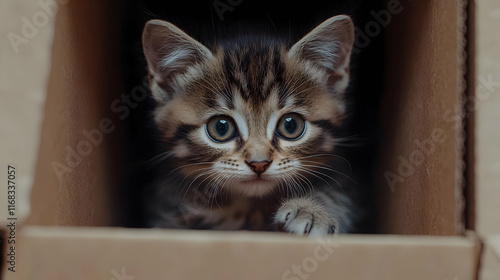 A curious kitten peeks out from a cardboard box, showcasing its playful personality and expressive eyes. photo