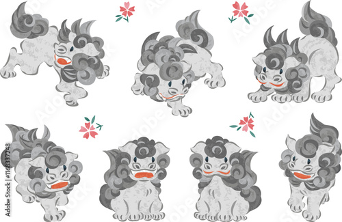 色んなポーズをした神社の狛犬のイラスト　走る　歩く　座る　