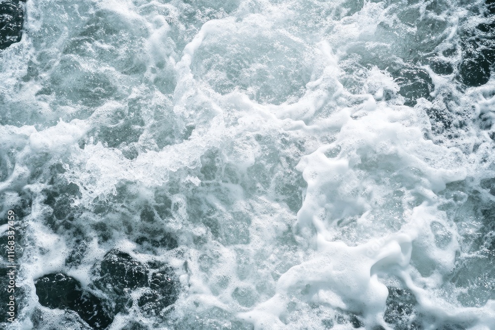 Close-up of churning ocean water with white foam and bubbles. Close-up of churning ocean water with white foam and bubbles.