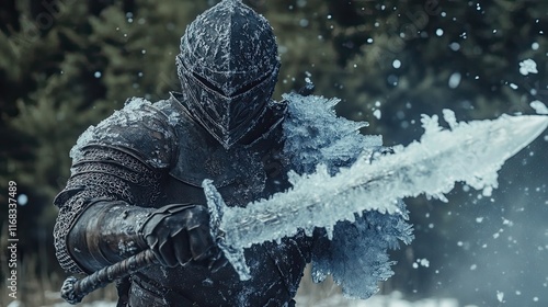 Frozen Knight Wielding An Icy Greatsword In Winter photo