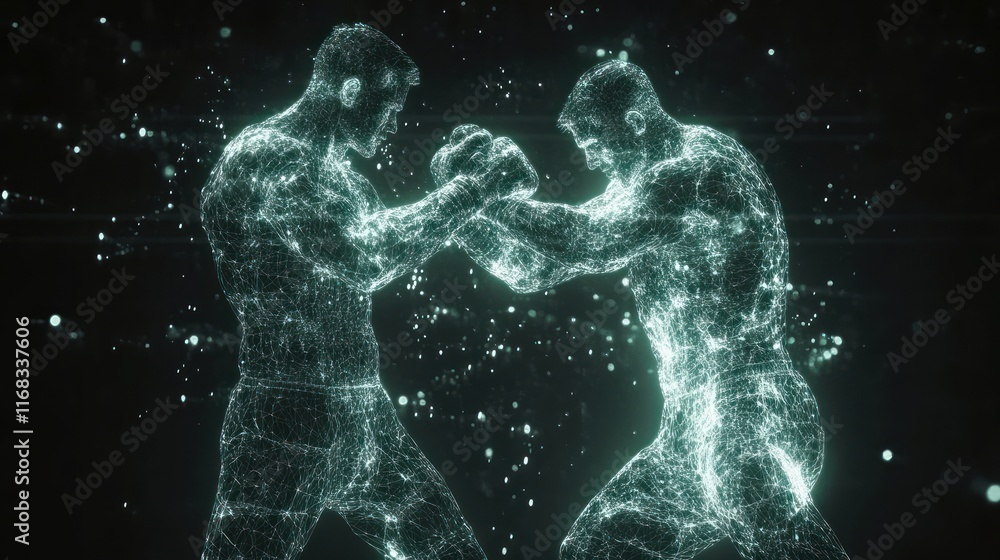 Two digital male fighters in the ring doing training and fighting each other, very futuristic and abstract visuals ready to attack position Two digital male fighters in the ring doing training and fighting each other, very futuristic and abstract visuals ready to attack position