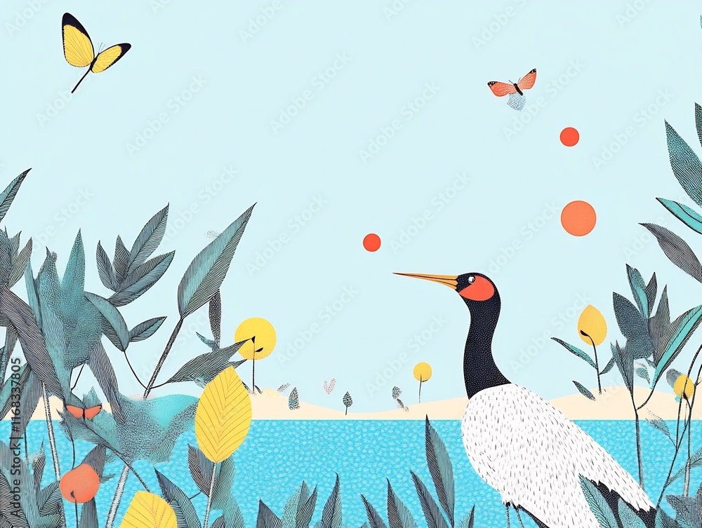 Fototapeta premium Serene Bird Illustration: A Calmly Crafted Digital Painting in a Whimsical Style. AI Generated