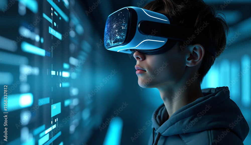 Young man playing on futuristic headset on abstract digital dark background, VR glasses, generated ai Young man playing on futuristic headset on abstract digital dark background, VR glasses, generated ai