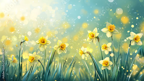 Bright yellow daffodils bloom in sunny field with soft blue background