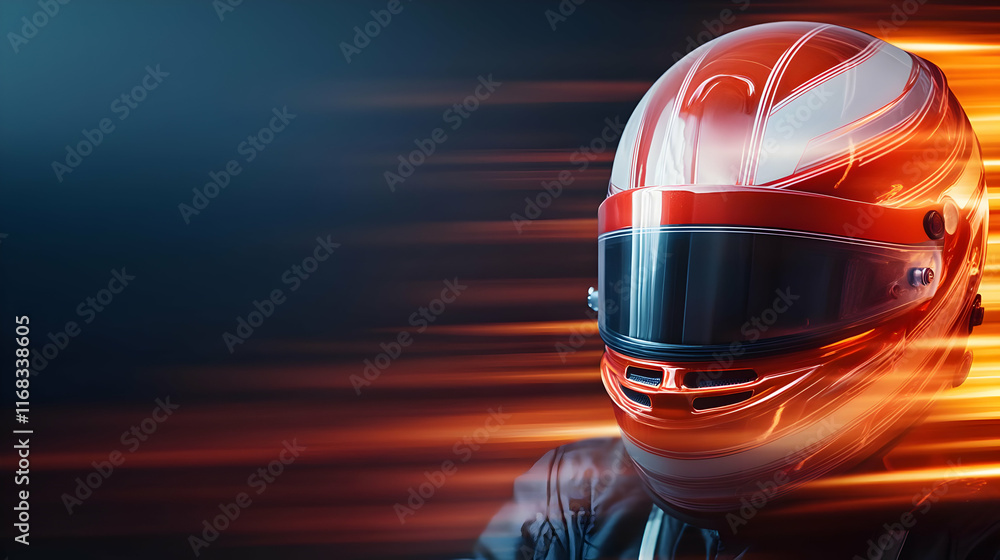 Obraz premium A dynamic shot of a racing helmet showcasing speed and adrenaline in motorsports.