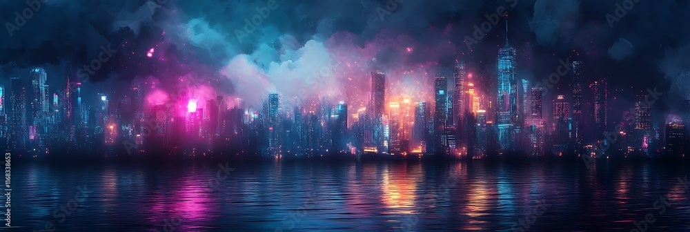 Obraz premium modern city landscape with vibrant elements and glowing futuristic overlays