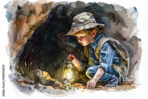 A young explorer with a lantern, immersed in adventure while discovering the wonders of a dark cave.