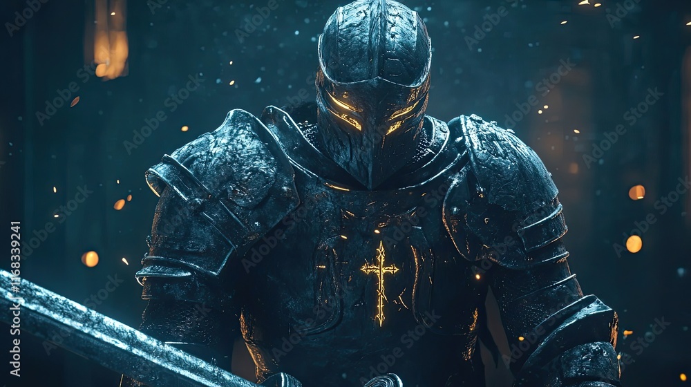 Naklejka premium Dark Knight Armored Warrior Holding a Sword