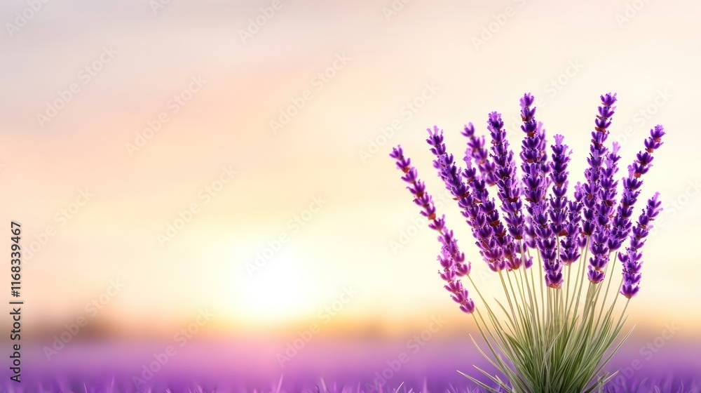 Naklejka premium A serene lavender field at sunset, symbolizing tranquility.