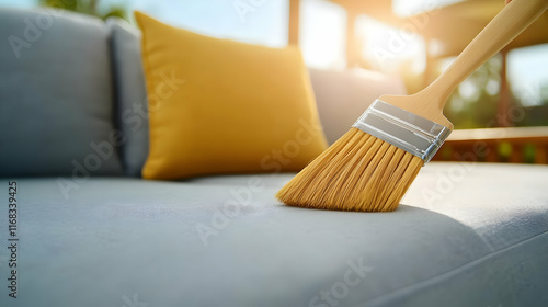 A hand brushing dust off a stylish outdoor couch, surrounded by sunlight and cozy cushions. photo