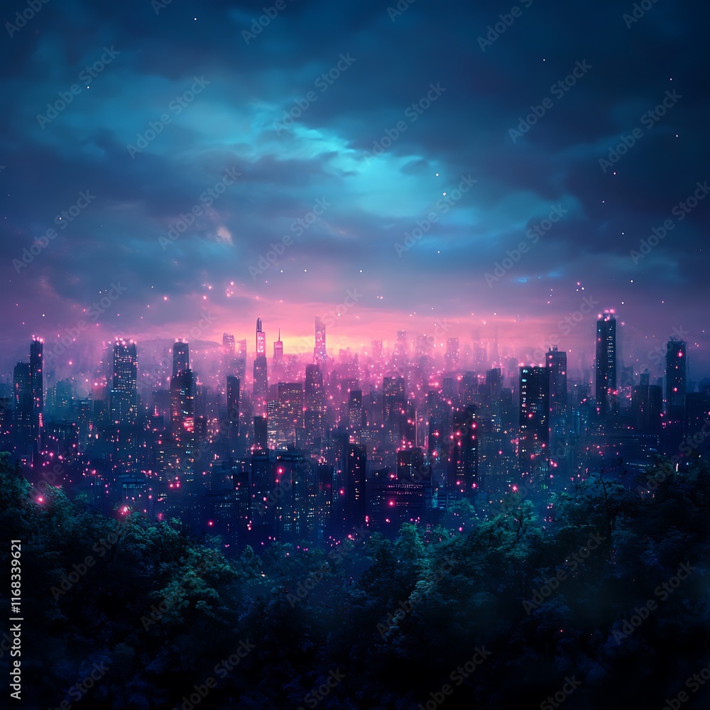 Obraz premium urban city glow in a panoramic view with soft light gradients and smart pathways