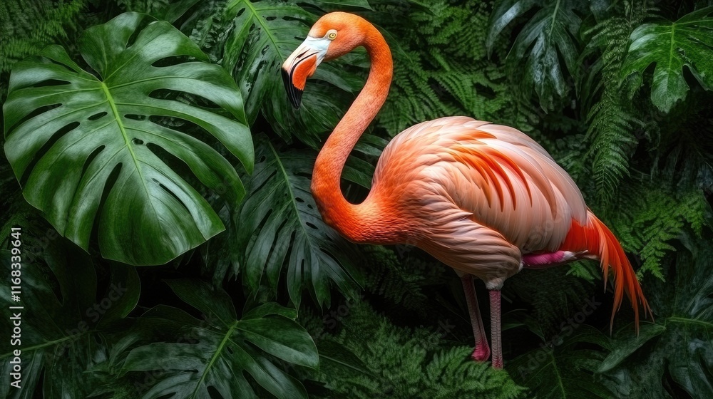 Fototapeta premium A vibrant flamingo stands among lush green foliage, showcasing nature's beauty.