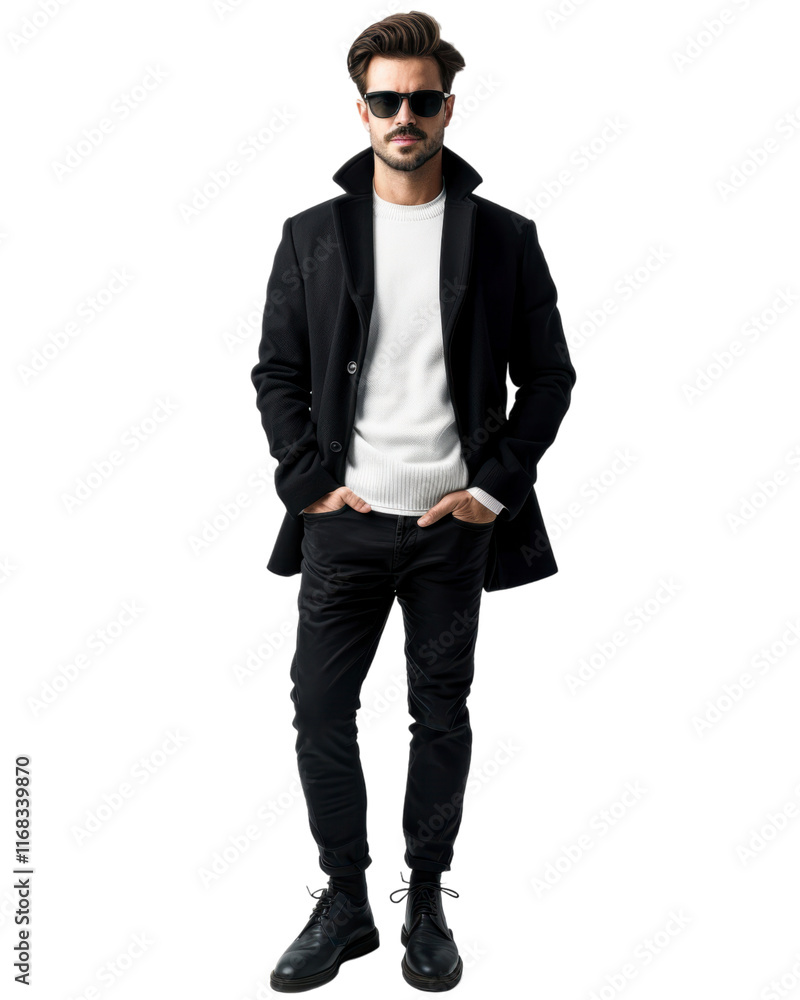 Stylish Man in Black Coat and White Sweater isolated on transparent background Stylish Man in Black Coat and White Sweater isolated on transparent background