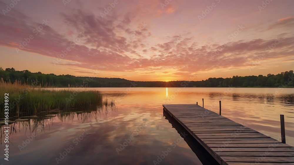 Obraz premium sunset on the lake, A scene of a calm lake reflecting the orange and pink hues of the sunrise, with a lone wooden dock stretching into the water