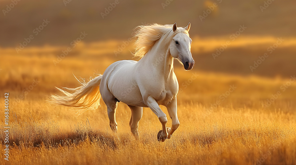 A majestic white horse gallops across a golden meadow, capturing the beauty of nature in motion. A majestic white horse gallops across a golden meadow, capturing the beauty of nature in motion.
