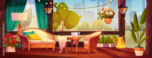 Terrace garden patio setting with cozy furniture, decorative lighting, potted plants. Summer scene with cushioned sofa and armchair, wooden table, string lights. Cozy country outdoor relaxing space.