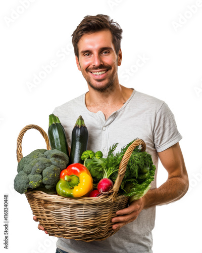 Young Man holding a basket of fresh vegetables isolated on transparent background