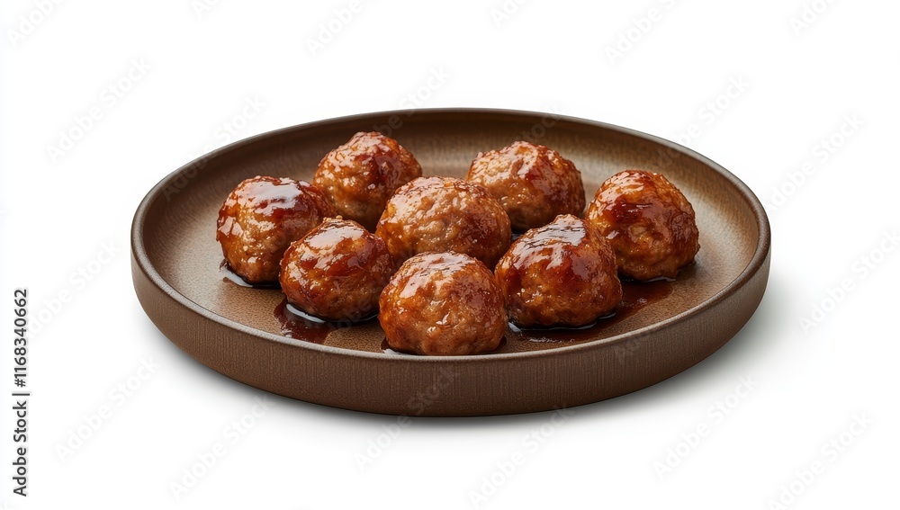 Eight glazed meatballs on a dark brown plate. Eight glazed meatballs on a dark brown plate.