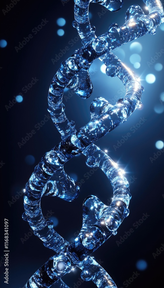 A close-up of a shimmering DNA double helix structure in a blue, sparkling environment. A close-up of a shimmering DNA double helix structure in a blue, sparkling environment.