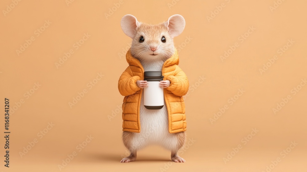 A cute mouse in an orange coat holding a drink against a warm backdrop. A cute mouse in an orange coat holding a drink against a warm backdrop.