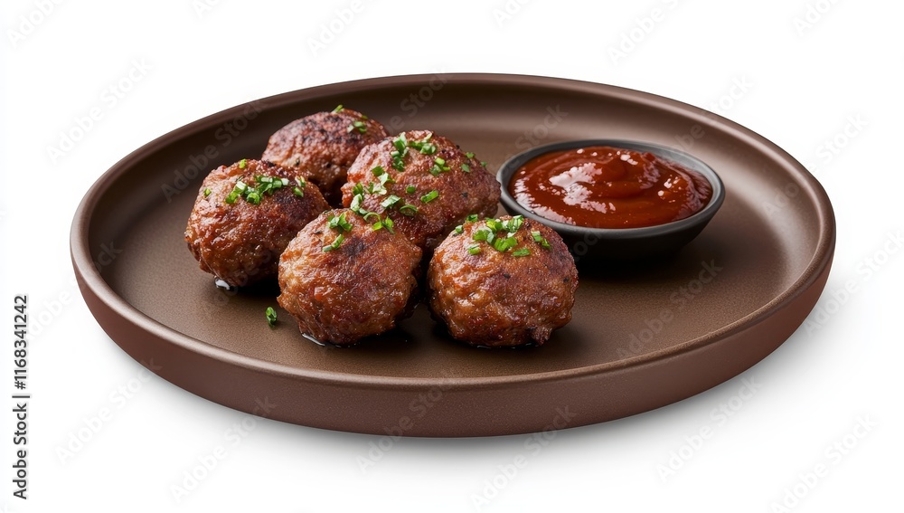 Five brown meatballs on a plate with sauce. Five brown meatballs on a plate with sauce.
