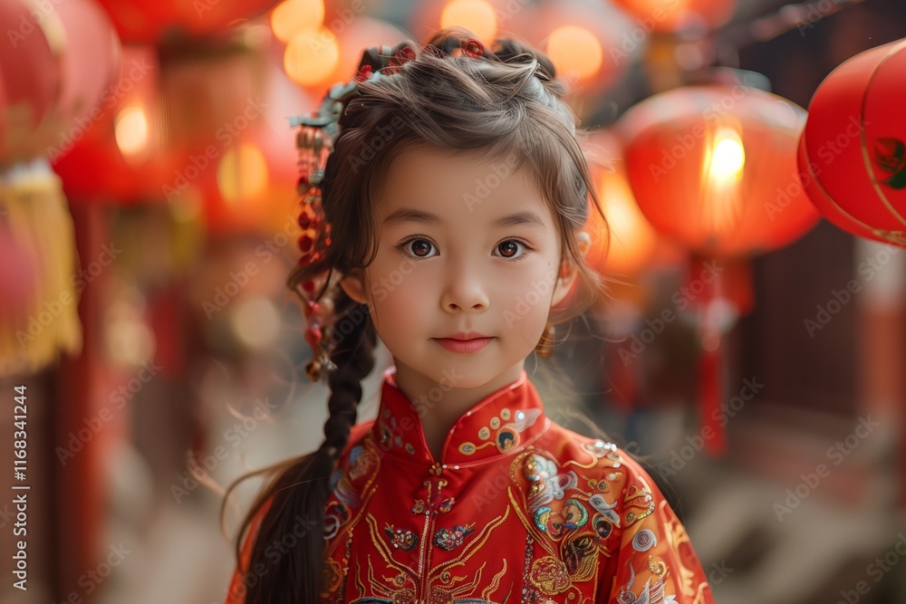 A young girl in a vibrant red traditional dress, surrounded by festive lanterns, capturing the essence of celebration. A young girl in a vibrant red traditional dress, surrounded by festive lanterns, capturing the essence of celebration.