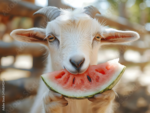 A playful goat enjoys a juicy slice of watermelon in a sunny farm setting, radiating joy and innocence. photo