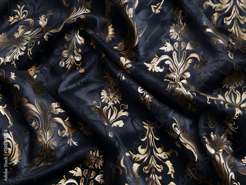 Ornate black fabric with golden floral patterns photo