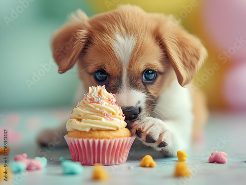 A playful puppy curiously inspects a colorful cupcake, showcasing its innocent charm and love for treats. photo