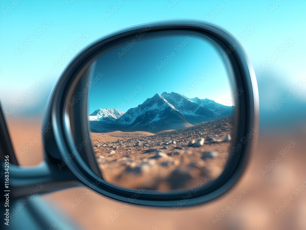 A scenic view of majestic mountains reflected in a car side mirror, perfect for travel and adventure themes. A scenic view of majestic mountains reflected in a car side mirror, perfect for travel and adventure themes.