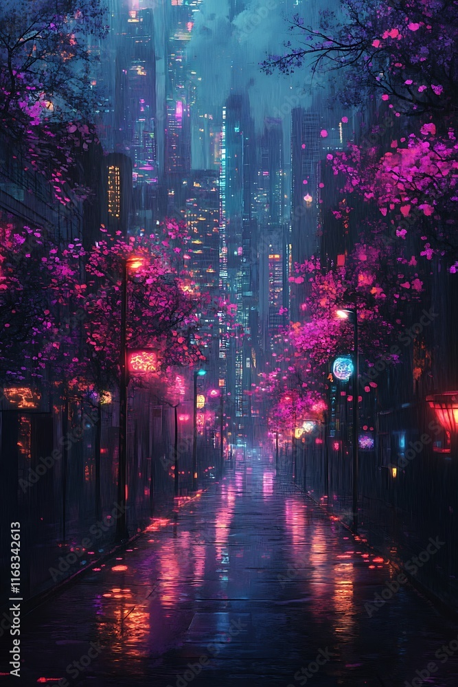 Obraz premium panoramic urban glow with vibrant elements and glowing futuristic pathways